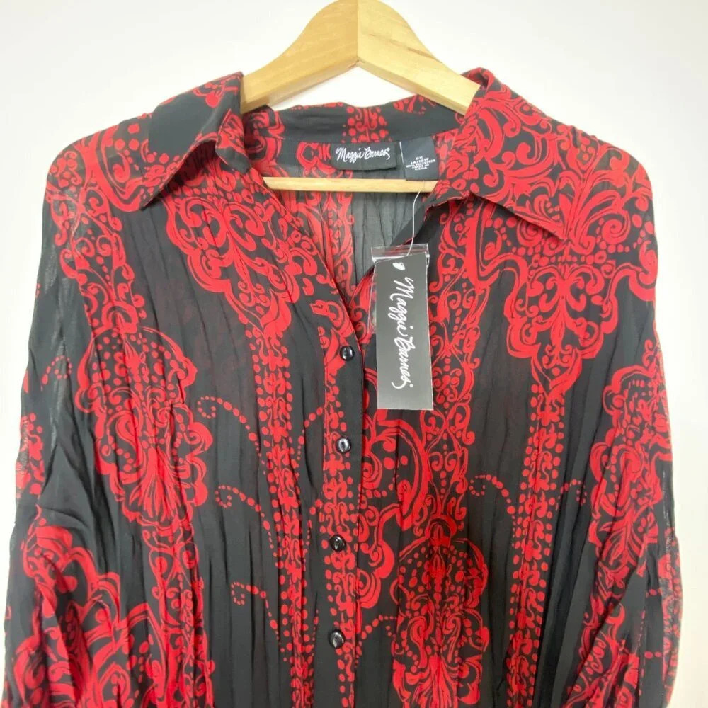 NWT Maggie Barnes Red Black Crinkle Sheer Crepe Button Up Top 0X 14/16 - Picture 2 of 9